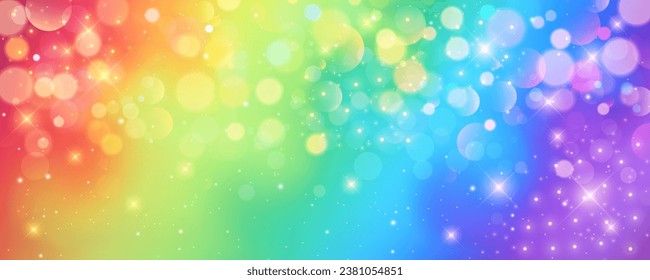 Rainbow unicorn pastel background with glitter stars. Pink wavy fantasy sky. Holographic space with bokeh. Fairy iridescent gradient backdrop. Vector illustration.