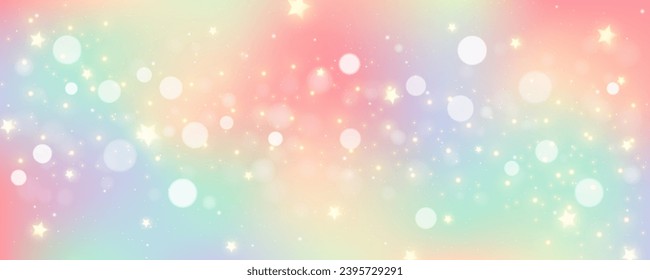 Rainbow unicorn pastel background with glitter stars. Pink fantasy sky. Holographic space with bokeh. Fairy iridescent gradient backdrop. Vector illustration.