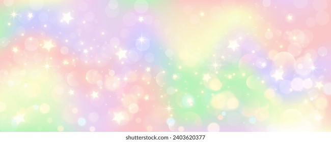 Rainbow unicorn pastel background with glitter stars. Pink fantasy sky. Holographic space with bokeh. Fairy iridescent gradient backdrop. Vector illustration.