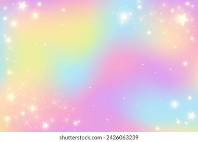 Rainbow unicorn pastel background with glitter stars. Pink fantasy sky. Holographic space with bokeh. Fairy iridescent gradient backdrop. Vector illustration.