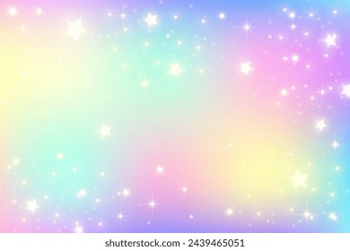 Fondo pastel de unicornio arco iris con estrellas brillantes. Cielo de fantasía rosa. Espacio holográfico con bokeh. Fondo de degradado iridiscente de hadas. Ilustración vectorial.