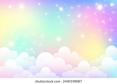 Rainbow unicorn pastel background with glitter stars. Pink cloudy fantasy sky. Cute holographic space. Fairy iridescent gradient backdrop. Vector illustration.