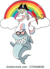 rainbow unicorn pirate on top of a shark