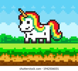 Rainbow unicorn pixel art in nature landscape background, fairytale character horse in meadow