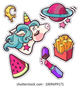 rainbow unicorn, planet, watermellon, lipstick patches. Trendy fashion hand drawn embroidery cute stickers pack in cartoon style. Vector illustration isolated on white.