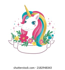 Rainbow unicorn portrait. Hand drawn vector illustration 