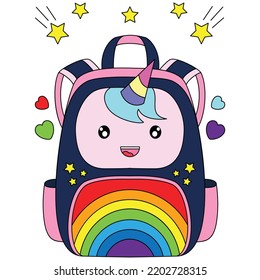 Rainbow unicorn school bag backpacks with star ornaments coloring vector illustration