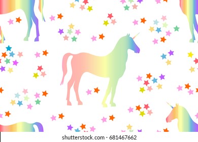 Rainbow unicorn. Seamless vector pattern with magic creatures and stars on white background. 1980s-1990s motifs. Retro textile collection.