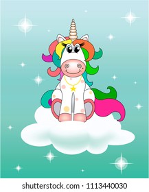 a rainbow unicorn sits on a cloud with a turquoise background and shining stars
