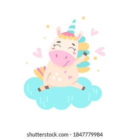 Rainbow unicorn sits on cloud. Simple illustration on an isolated background. Can be used as design for stationery, clothing prints.