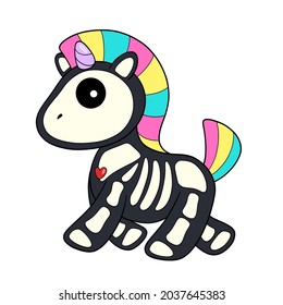 The rainbow unicorn skeleton. Cute pony. Punk horse. Bright multicolored mane and tail. Pink hooves. Halloween costume. A cartoon smiling character for your design for the Halloween holiday. Vector 