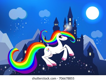 A rainbow unicorn in the sky against the background of the castle and mountains at night. Vector baby illustration, postcard, notepad, poster, flyer, invitation, cover