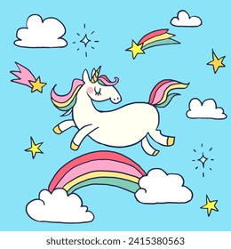 Rainbow with unicorn in the sky for banners, cards, flyers, social media wallpapers, etc. vector background