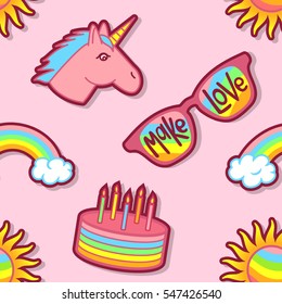 Rainbow, unicorn, sun, glasses, cake, make love seamless pattern. Simple fabric patches background. LGBT community concept. Pretty pink vector illustration.