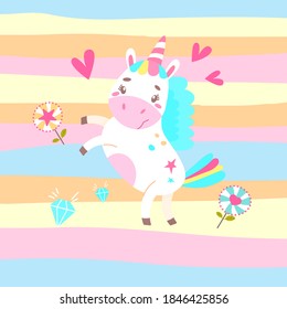 Rainbow unicorn surrounded by flowers. heart, brilliant. Simple illustration on a striped background. Can be used as a design for office supplies, prints on clothes.