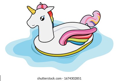 Rainbow unicorn swim ring on blue water vector illustration 