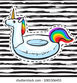 Rainbow Unicorn swim ring. Pool float. Inflatable white unicorn. Swimming circle. Summer print, sticker, badge, fashion patch on fabric. Vector illustration.