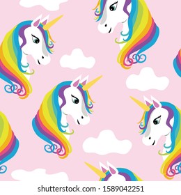 Rainbow Unicorns Seamless Pattern on Pink, Rainbow Unicorn Vector Repeat Pattern for Background, Textile Design, Fabric Printing, Kids wear, Stationary, Packaging, Wall paper  or Background