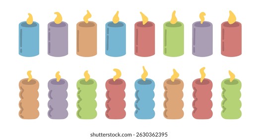 Rainbow unisex birthday candles clip art collection for happy holiday celebrations. Perfect for cards, stickers, and graphic design. Vector illustration on isolated white background, EPS 10.