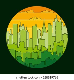 Rainbow urban landscape of sky with clouds. Vector illustration for background