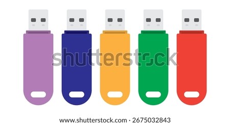 Rainbow USB stick set for tech packaging and Device Data Storage. Flash disk icon vector illustration isolated on white background in simple style for product mock ups. USB Flash Drive template.