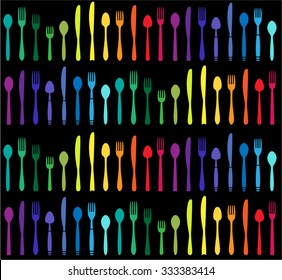 Rainbow utensils set. Black background.