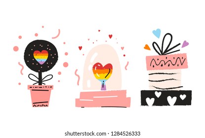 Rainbow Valentines Day design. Cute elements for greeting design, a plant with heart-shaped, glass bowl with heart, hill gifts. LGBT pride design. Love valentines day vector illustration for card