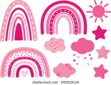 Rainbow Valentine's Day hearts pink clouds stars vector illustration