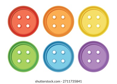 Rainbow Vector 2d Realistic Cartoon Buttons Collection. Red Orange Yellow Green Blue Purple Round Plastic Button Clipart for Sewing and Fashion. Vector Button Elements Isolated Illustration EPS 10.