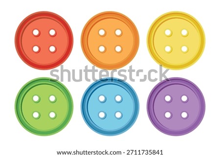 Rainbow Vector 2d Realistic Cartoon Buttons Collection. Red Orange Yellow Green Blue Purple Round Plastic Button Clipart for Sewing and Fashion. Vector Button Elements Isolated Illustration EPS 10.