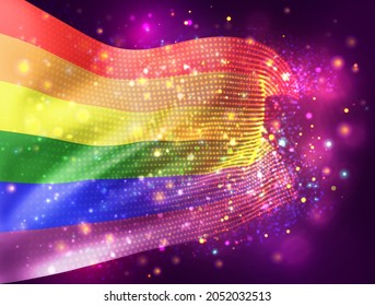 rainbow vector 3d flag on pink purple background with lighting and flares