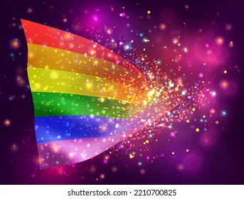 Rainbow, vector 3d flag on pink purple background with lighting and flares