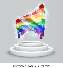 Rainbow, vector 3d flag on the podium surrounded by a whirlwind of magical radiance