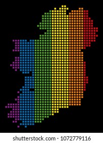 Rainbow vector abstract collage of Ireland Island Map designed of rounded square dots. Vector homosexual tolerance geographic map in LGBT flag color tints on a black background.