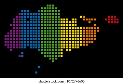 Rainbow vector abstract composition of Singapore Map composed of rounded square dots. Vector homosexual tolerance geographic map in LGBT flag color shades on a black background.