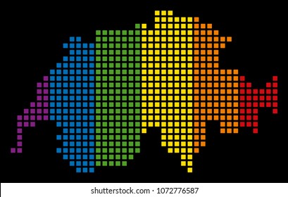 Rainbow vector abstract composition of Swissland Map combined of rounded square items. Vector homosexual tolerance geographic map in LGBT flag color shades on a black background.