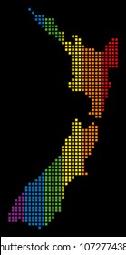 Rainbow vector abstract concept of New Zealand Map constructed of rounded square dots. Vector homosexual tolerance geographic map in LGBT flag color hues on a black background.
