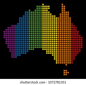 Rainbow vector abstract mosaic of Australia Map designed of rounded square pixels. Vector homosexual tolerance geographic map in LGBT flag color tinges on a black background.