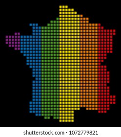 Rainbow vector abstract pattern of France Map combined of rounded square elements. Vector homosexual tolerance geographic map in LGBT flag color tones on a black background.