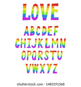 Rainbow vector alphabet. LGBT community typeface. Gay pride sans serif font. Latin uppercase symbols. Colorful letters of English alphabet. Vector letters isolated on white background.