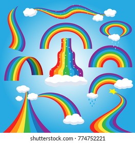 Rainbow Vector Colorful Bowed Arc In Raining Sky Multicolored Cartoon Arch Or Bow Spectrum Of Colors With Rainy Clouds Illustration Isolated On Blue Background