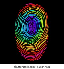 Rainbow Vector Fingerprint Sketch. Hand Drawn Outline Illustration With Human Finger Print With Whole Spectrum Colors