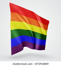 rainbow, vector flag with waves and bends waving in the wind on a white background.