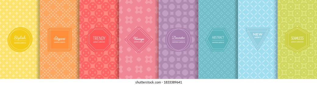 Rainbow vector geometric seamless patterns collection. Set of bright colorful backgrounds with elegant minimal labels. Cute abstract textures. Pattern design template for babies, kids, decoration