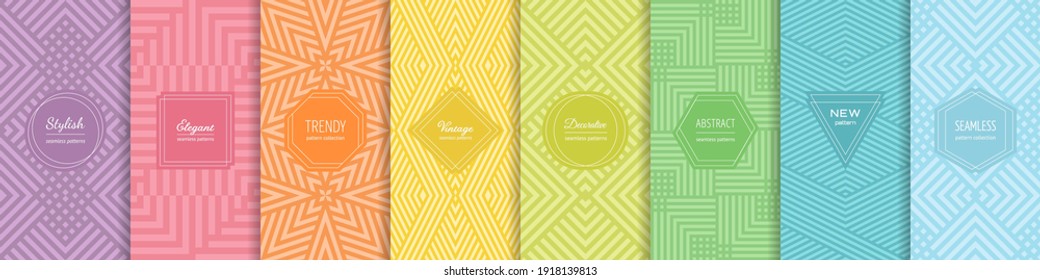 Rainbow vector geometric seamless patterns collection. Set of bright colorful backgrounds with modern minimal labels. Cute abstract geometrical textures. Simple pattern design for babies, kids, decor - Shutterstock ID 1918139813
