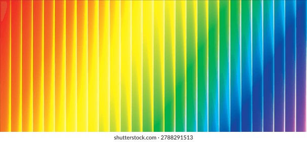 Rainbow vector glassmorphism background in Pride colors. Vertical, distorting, high-tech gradient stripes for LGBTQ+ community designs.