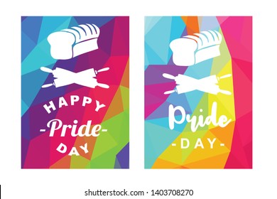 Rainbow Vector Happy Pride Day Card and Poster of Bread Food and Rolling Pin. Flat, Icon, Sign, Symbol, Object, Graphic Design, Element, Illustration for Print.