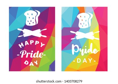 Rainbow Vector Happy Pride Day Card and Poster of Bread Food and Rolling Pin. Flat, Icon, Sign, Symbol, Object, Graphic Design, Element, Illustration for Print.