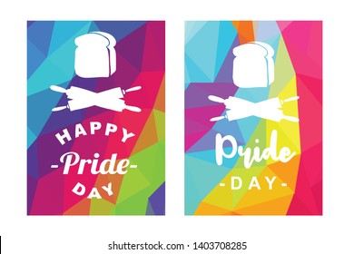 Rainbow Vector Happy Pride Day Card and Poster of Bread Food and Rolling Pin. Flat, Icon, Sign, Symbol, Object, Graphic Design, Element, Illustration for Print.