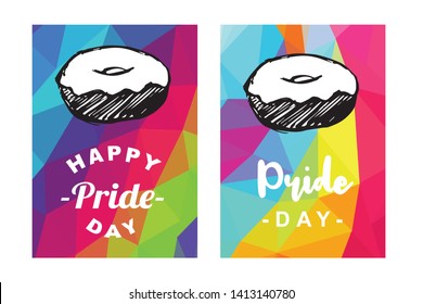 Rainbow Vector Happy Pride Day Card and Poster of Donut Fast Food. Flat, Icon, Sign, Symbol, Object, Graphic Design, Element, Illustration for Print.